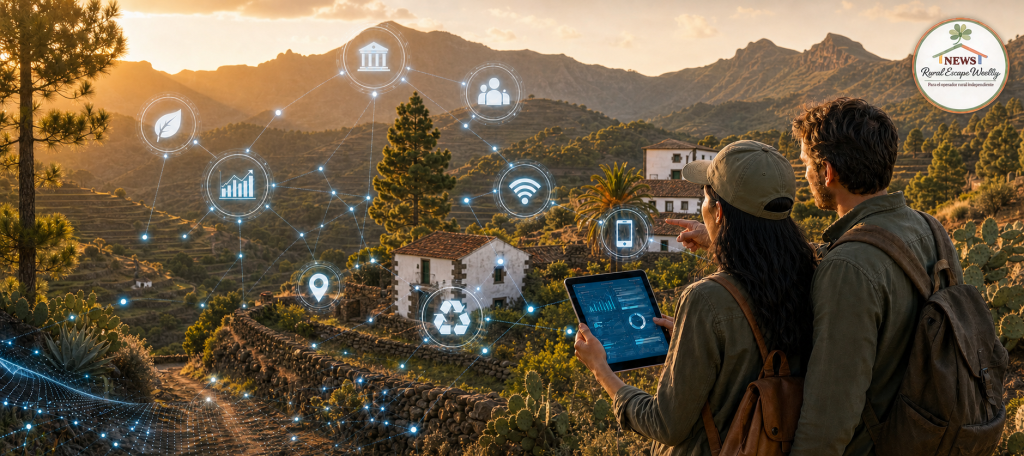 Pareja con tablet observando un entorno rural de Canarias con iconos de turismo inteligente
