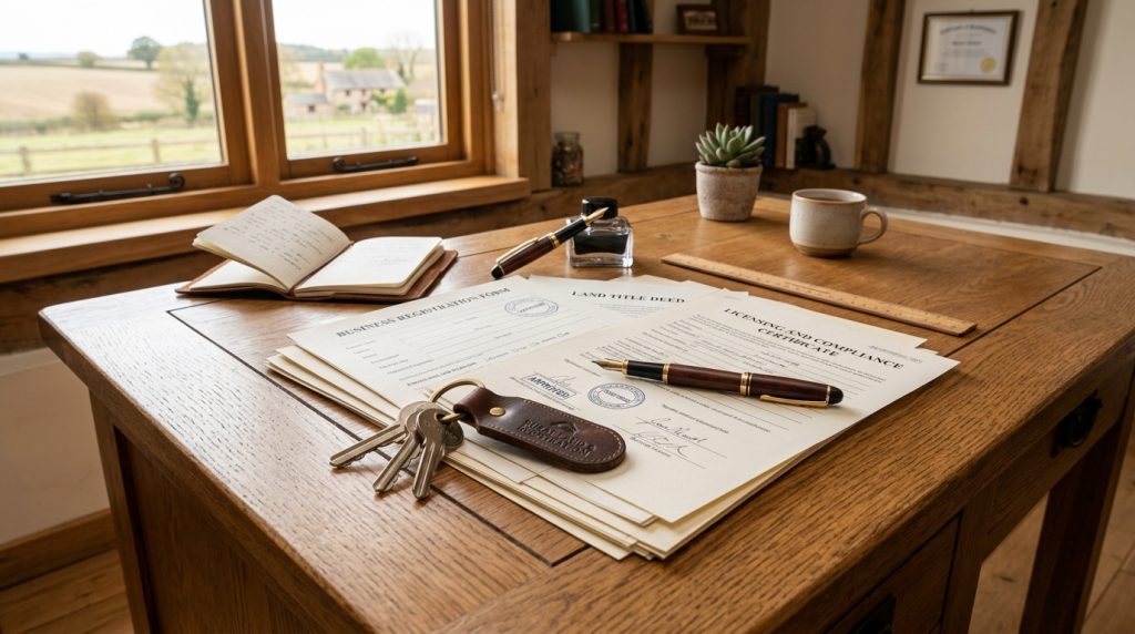 Documentos legales, contratos y sellos oficiales sobre un escritorio de madera