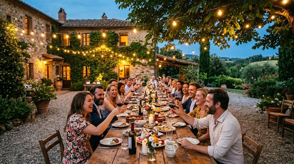Grupo de huéspedes recurrentes brindando al atardecer en el porche de una casa rural, concepto de comunidad