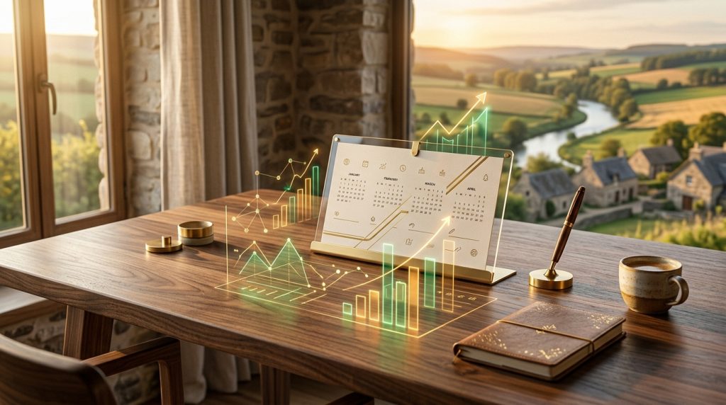 Gráficos de revenue management y calendario proyectado sobre una mesa rústica