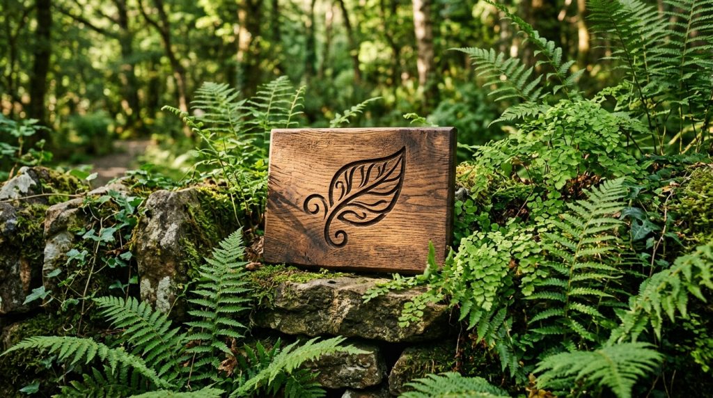 Logos de madera de certificaciones sostenibles para alojamientos rurales en la naturaleza