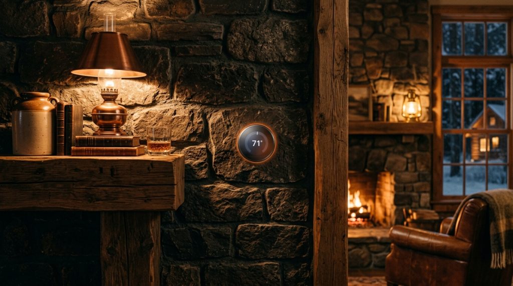Termostato inteligente moderno instalado sobre una pared rústica de piedra