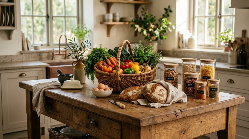 Cesta de productos locales frescos y botes de cristal reutilizables sobre una isla de cocina rústica