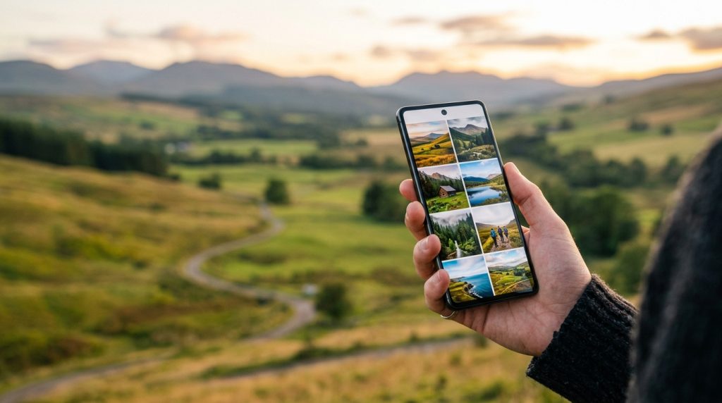 Persona sujetando un teléfono mostrando fotos de un paisaje rural y perfil en redes sociales