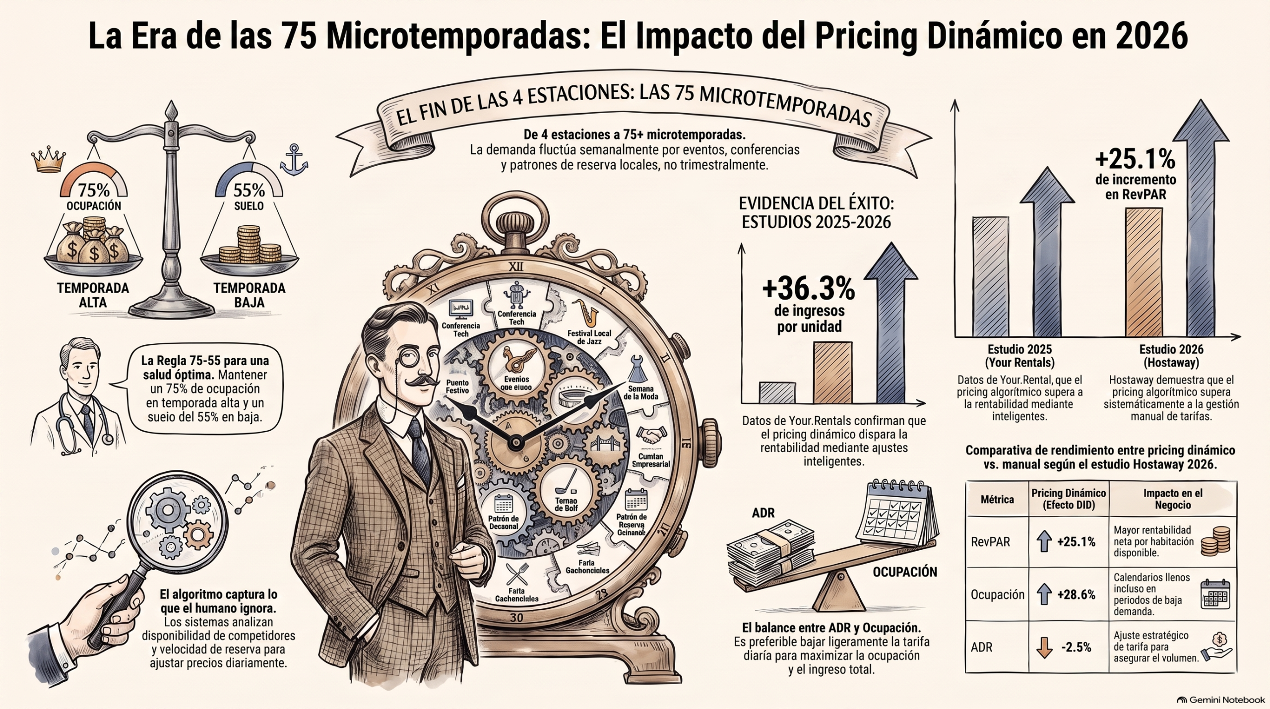 Infografía detallada sobre precios dinámicos, incremento de RevPAR y las 75 microtemporadas anuales en turismo rural