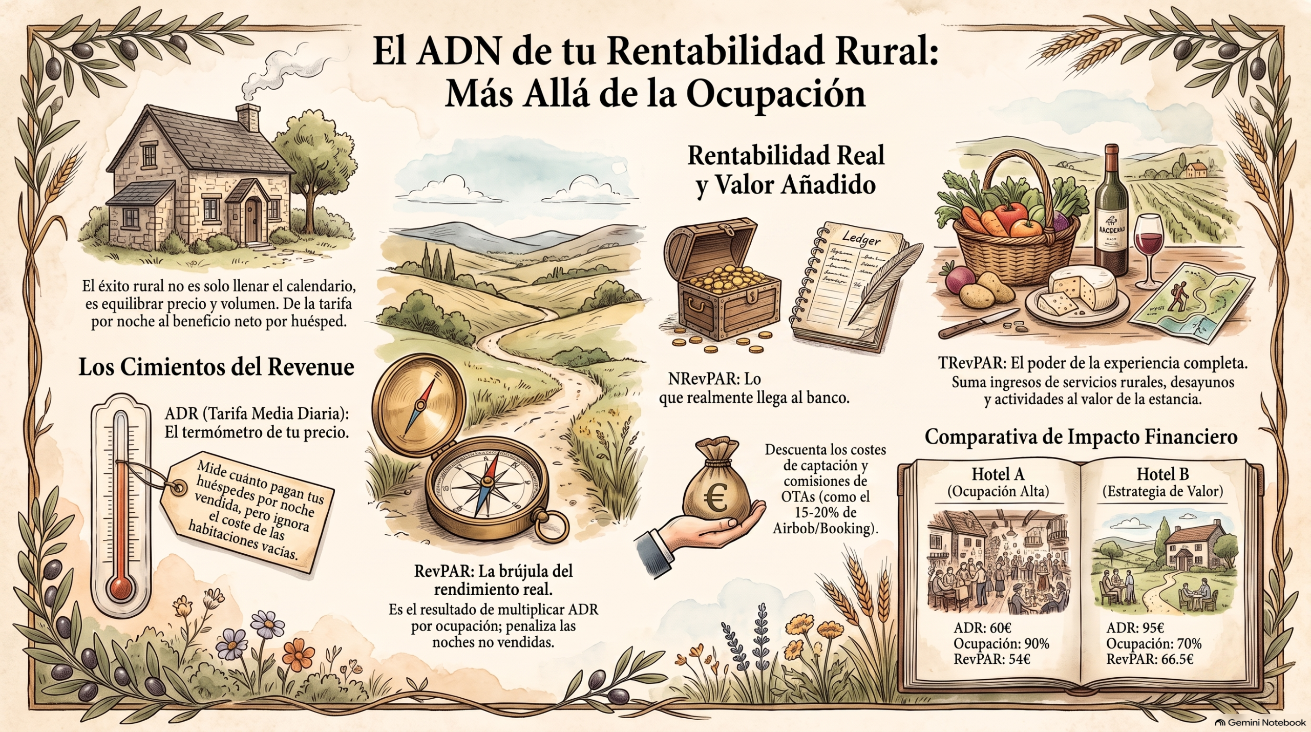 Infografía de métricas de rentabilidad de alojamiento rural: balance comparativo entre ADR, RevPAR, NRevPAR y TRevPAR