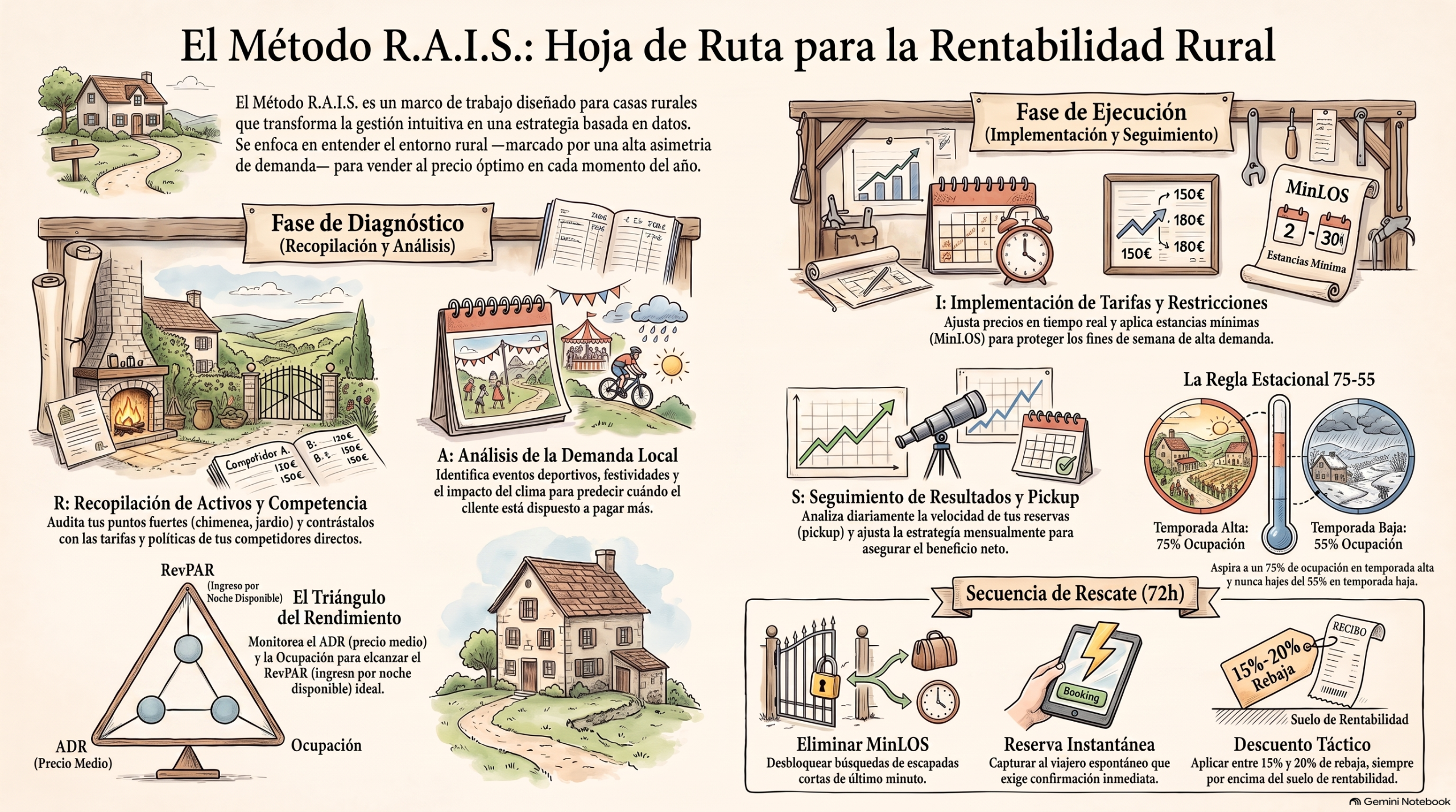 Infografía del Método R.A.I.S. para la gestión manual de tarifas y precios en alojamientos rurales independientes
