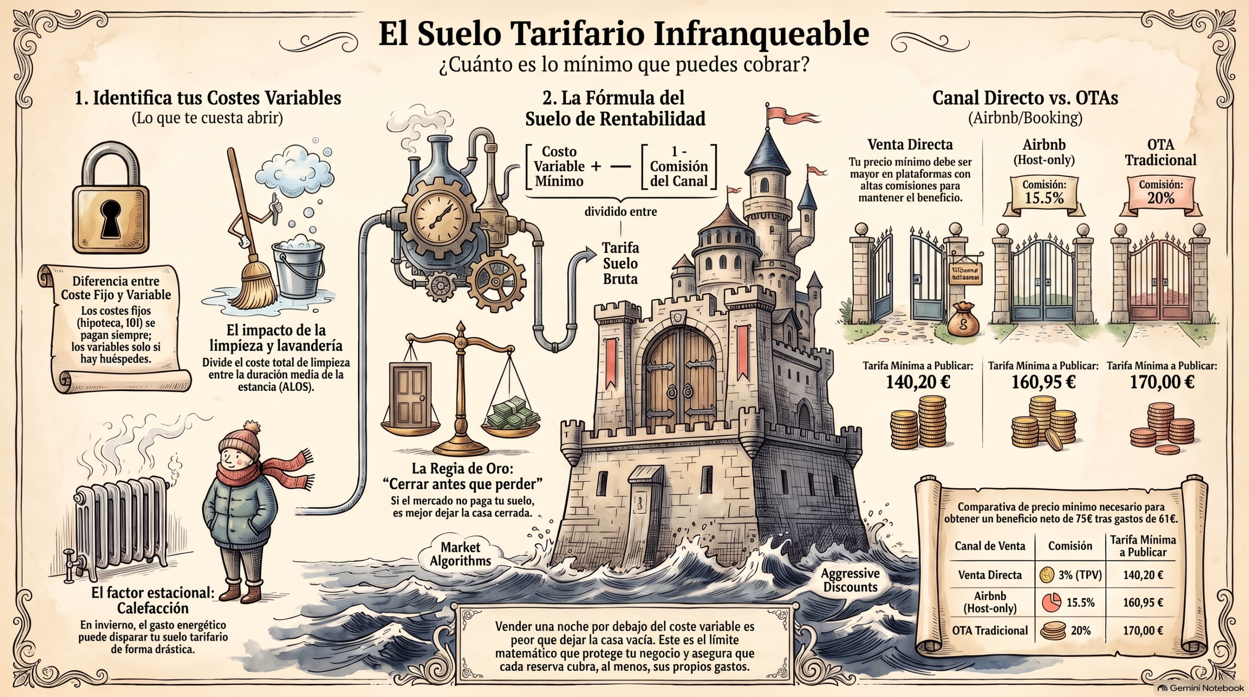 Infografía de cálculo de costes variables operativos de una casa rural y delimitación del suelo tarifario infranqueable