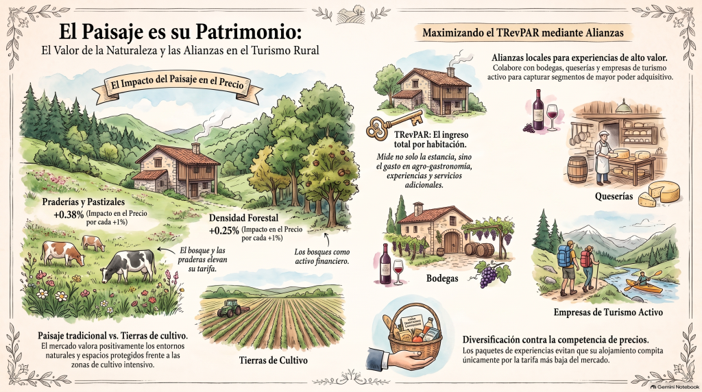 Infografía del impacto económico del paisaje tradicional y estrategias de venta cruzada local para subir el TRevPAR