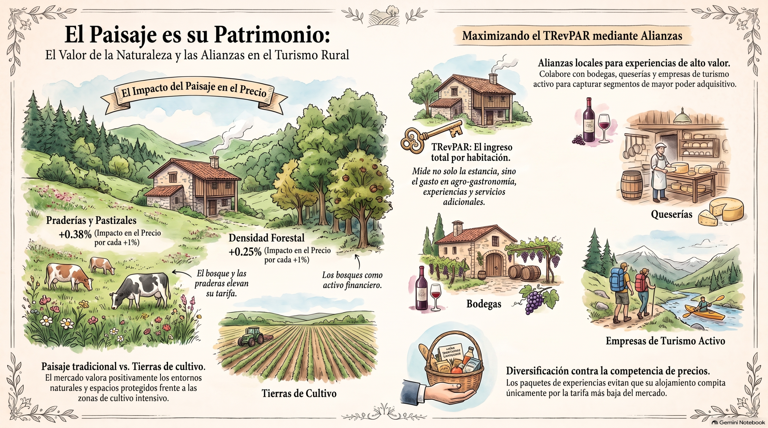 Infografía del impacto económico del paisaje tradicional y estrategias de venta cruzada local para subir el TRevPAR