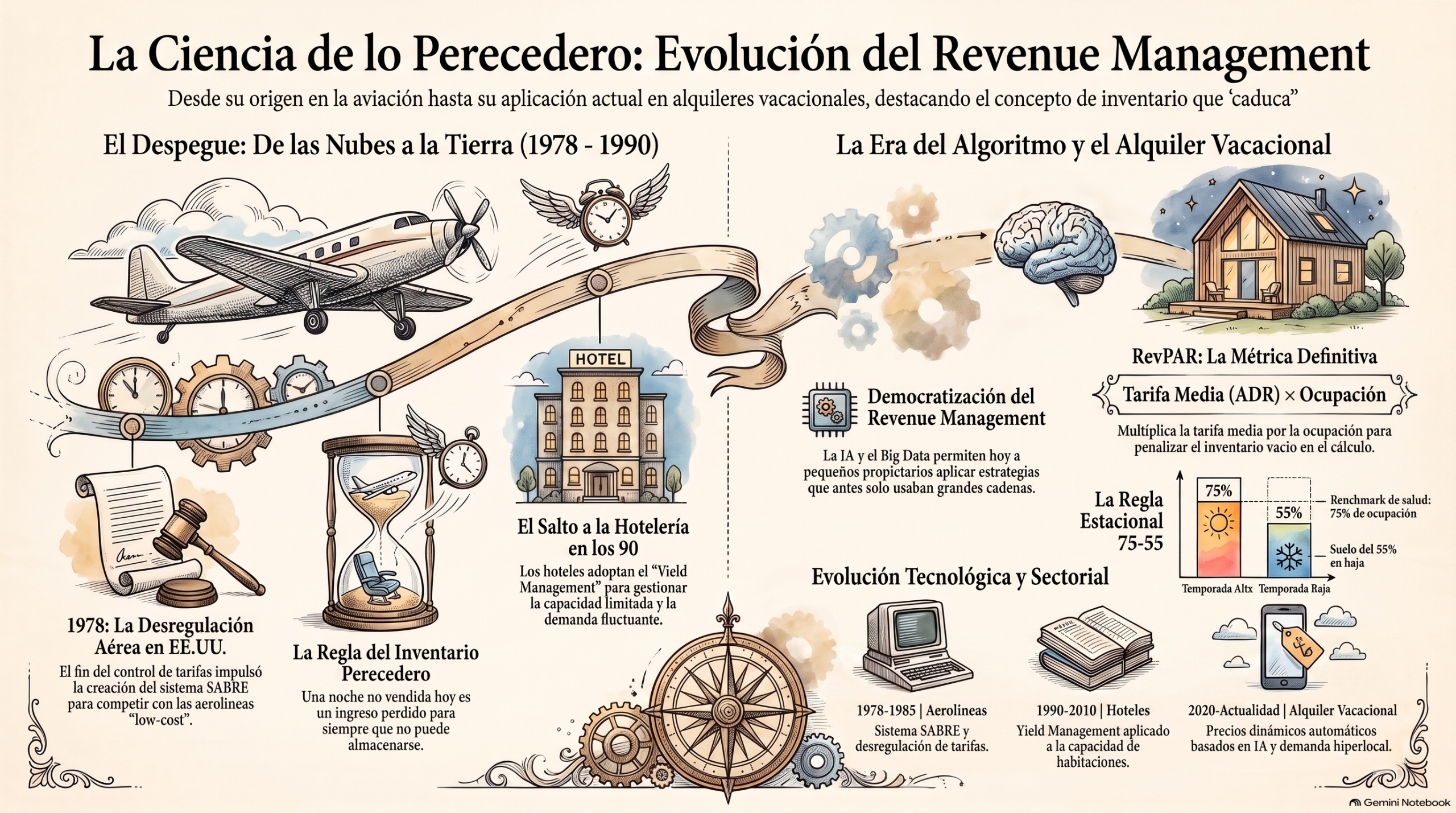 Infografía sobre el origen y evolución histórica del Yield y Revenue Management bajo el concepto del inventario perecedero