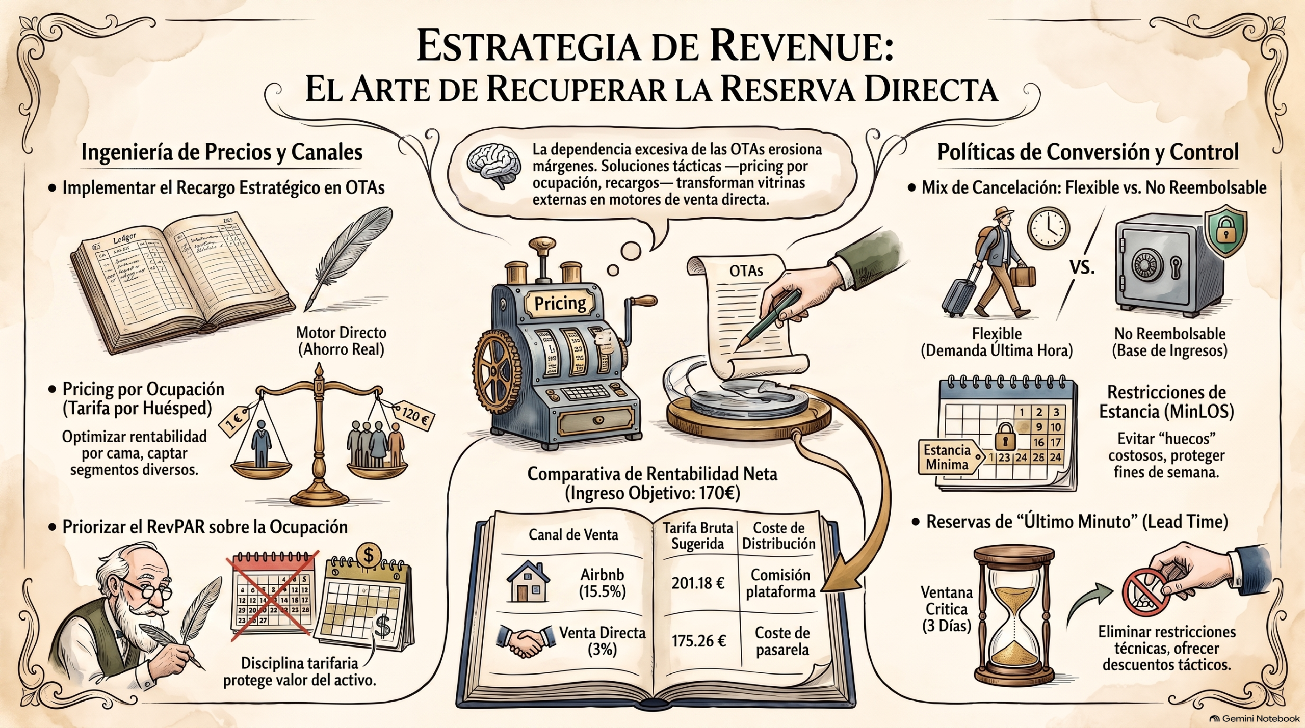 Infografía sobre la configuración de tarifas por ocupación, políticas de cancelación y suplementos de precios en OTA