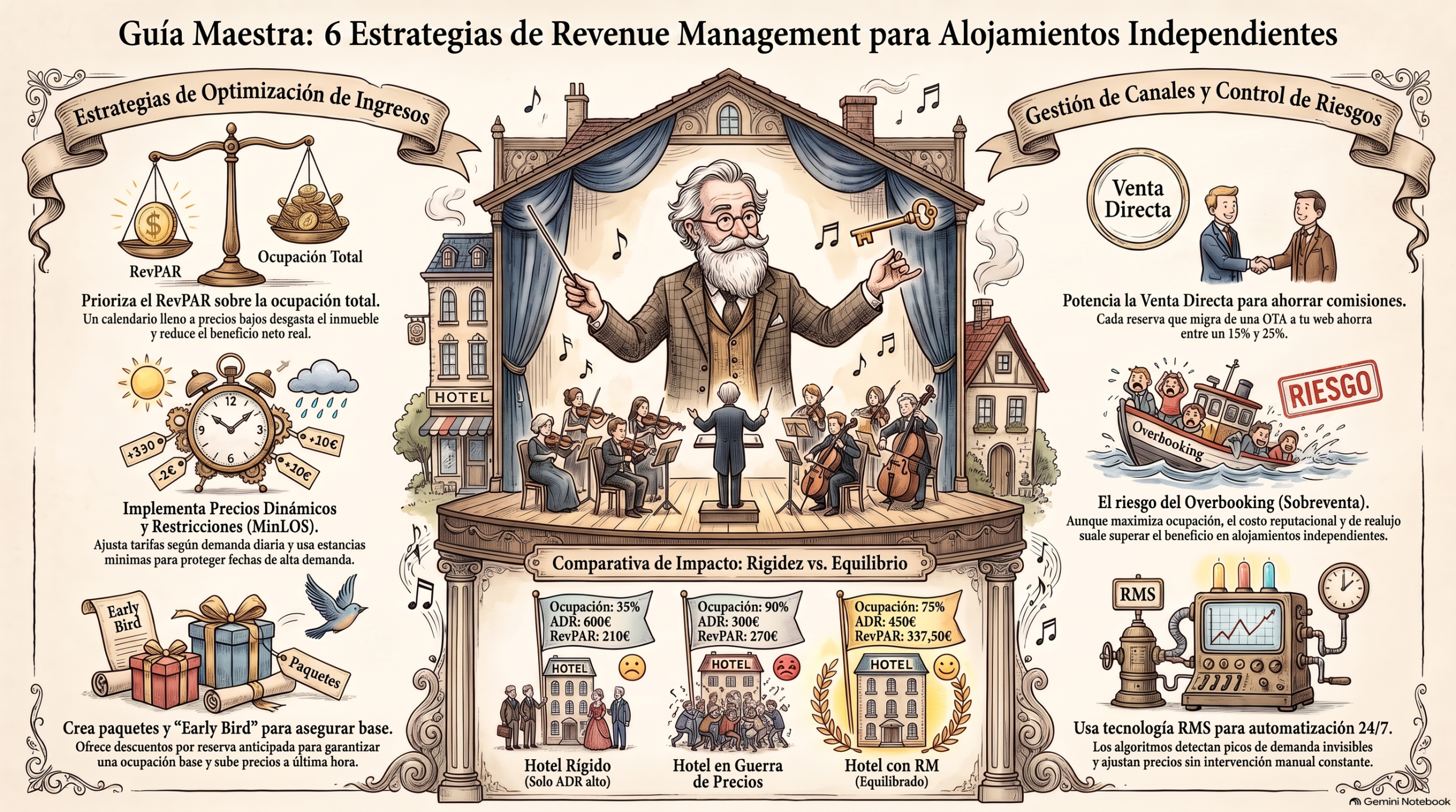 Infografía resumen de las 12 estrategias avanzadas de revenue management adaptadas al operador rural independiente