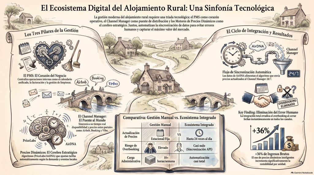 Infografía sobre la integración del ecosistema tecnológico de alojamiento rural: PMS, Channel Manager y Precios Dinámicos