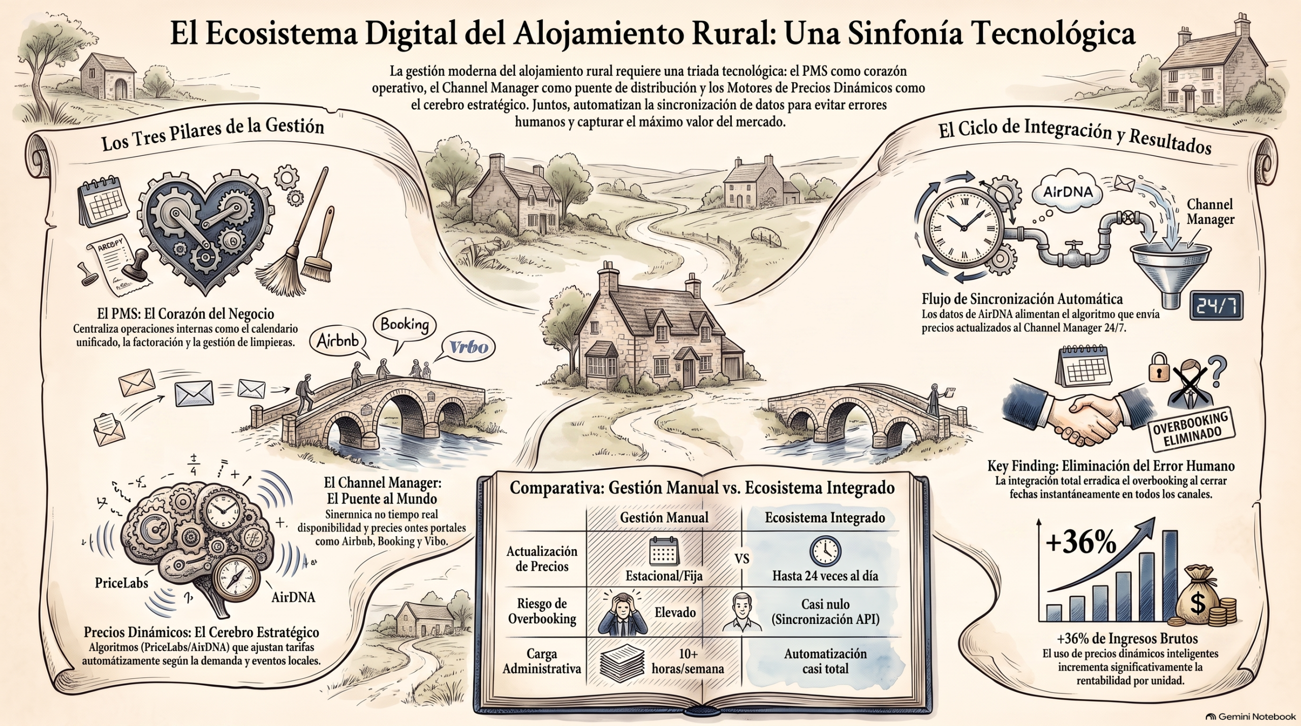 Infografía sobre la integración del ecosistema tecnológico de alojamiento rural: PMS, Channel Manager y Precios Dinámicos
