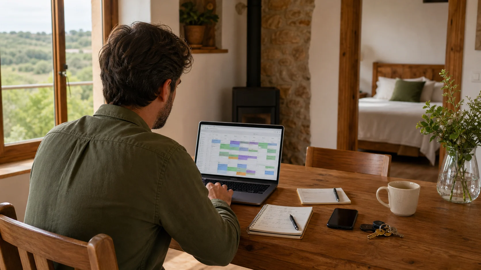 Propietario revisando tarifas de Airbnb en un alojamiento rural