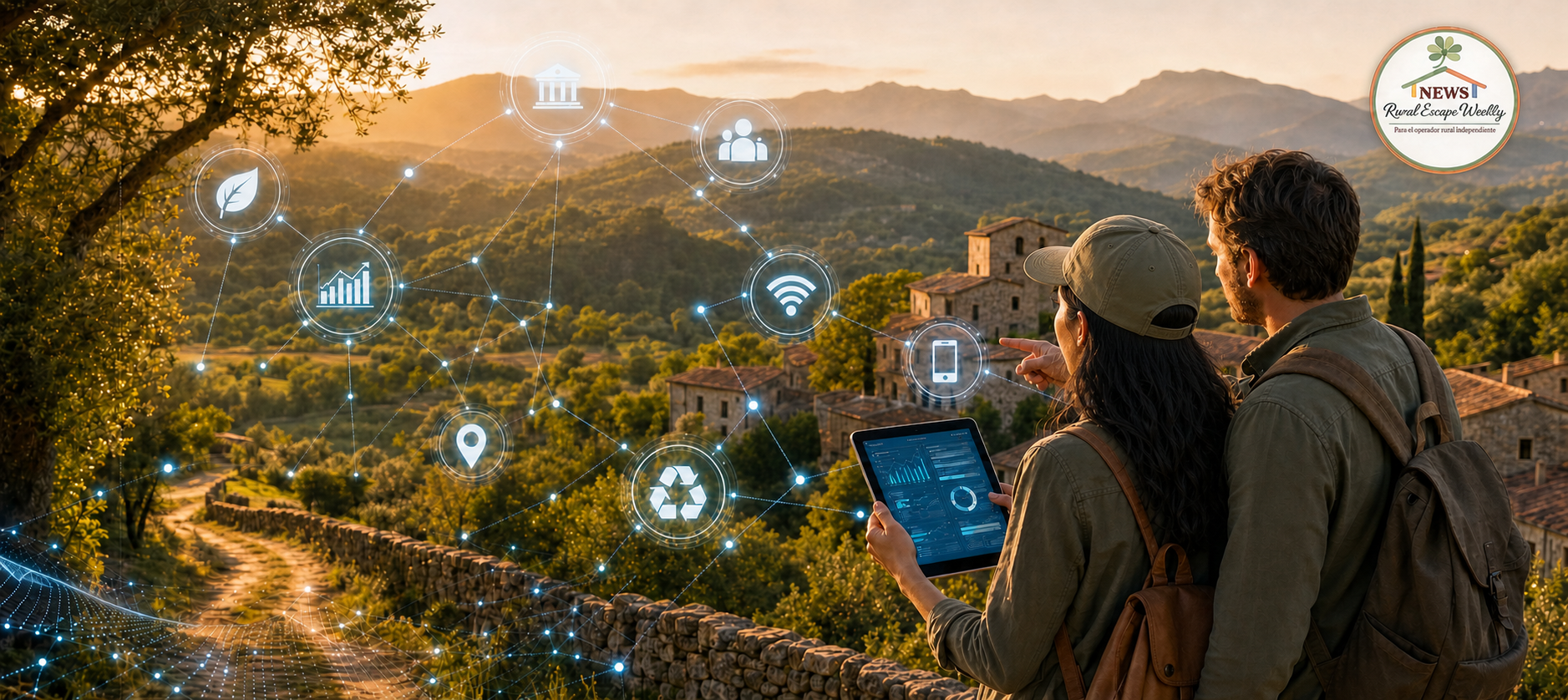 Pareja con gorra consultando datos en un entorno rural, cabecera de Rural Escape Weekly